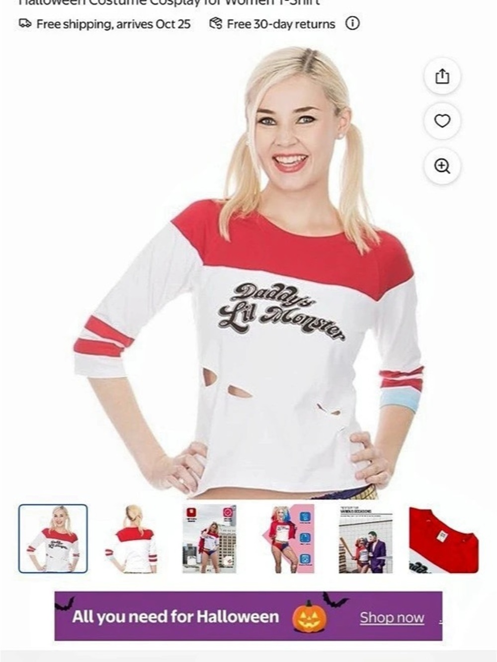 COCO BRANDS Suicide Squad Harley Quinn Daddy's Little Monster Tee White & Red XL